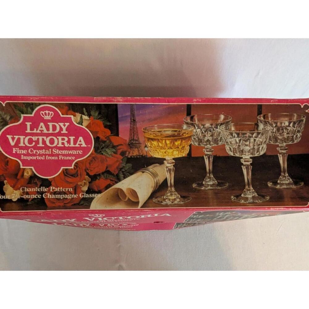 Vintage Lady Victoria  Crystal  8 Champagne Glasses Made In France